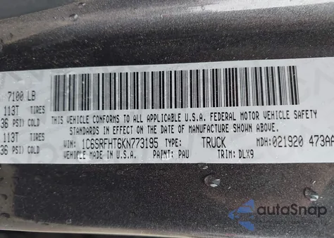 2019 Ram 1500 Limited z USA, uszkodzony, nr VIN 1C6SRFHT6KN773195